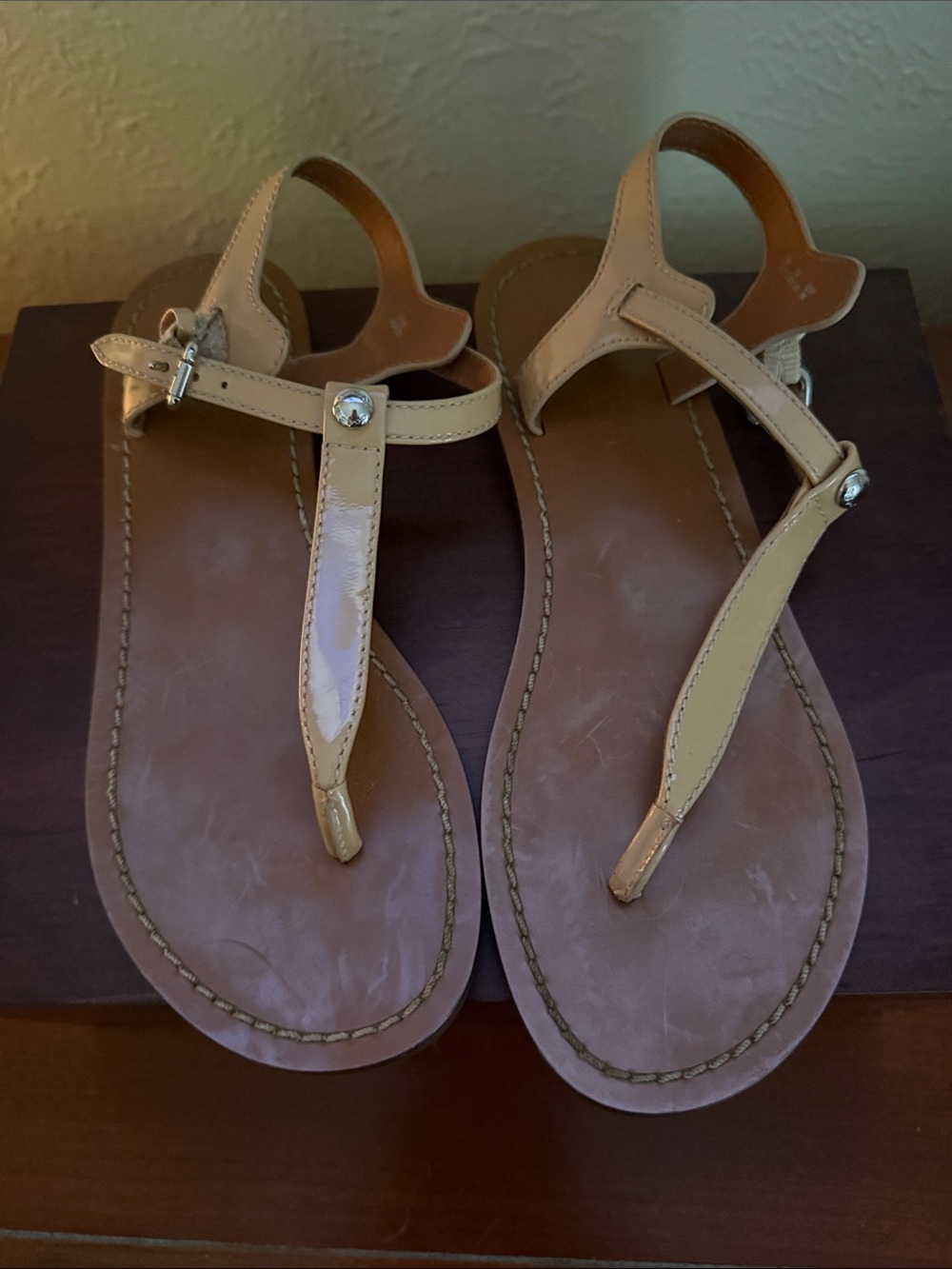 Coach Beige Patent Leather T-Strap Sandals